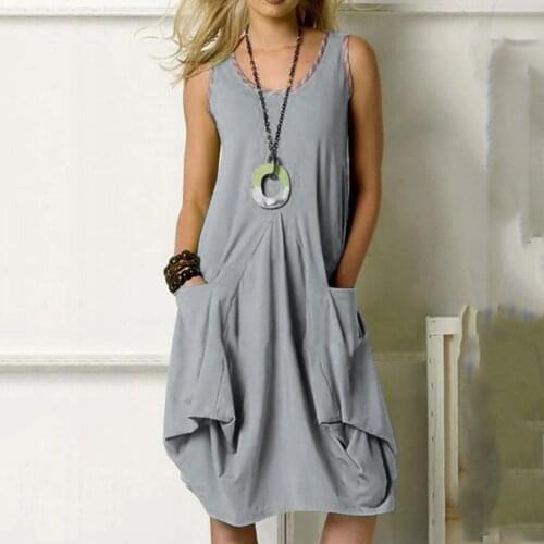 Summer Dress Robe Femme Women Plus Size Dress With Pockets Daily Sleeveless O-Neck Vintage Party Dress Solid Color Vestidos
