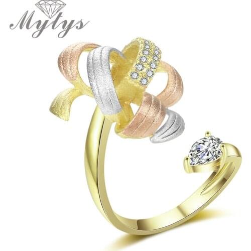 Mytys Fashion Silk Ribbon Flower Ring for Women Three-tone Gold Frosted Brass Zircon Girl Open Cuff Ring Adjustable Size R2062
