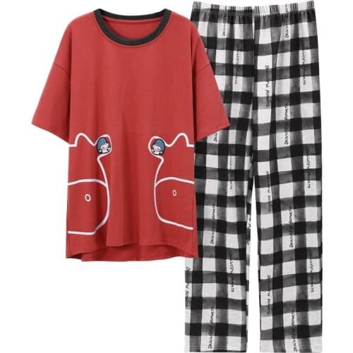 Summer Autumn Ladies Cotton Short Sleeve Nightgown Pajamas Trousers Red Suit Thin Section Home Service Set Woman Clothes