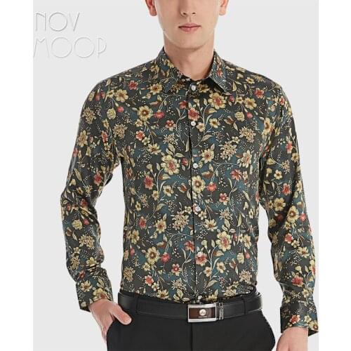 Novmoop natural 19mm silk spandex satin mens shirt vintage floral pattern print super wear for party banquet Chemise LT3542