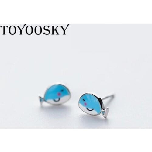 Cute Animal Design Earrings Wholesale Genuine 925 Sterling Silver Lovely Blue Small Whale Stud Earring for Kids Girls Child Jewe