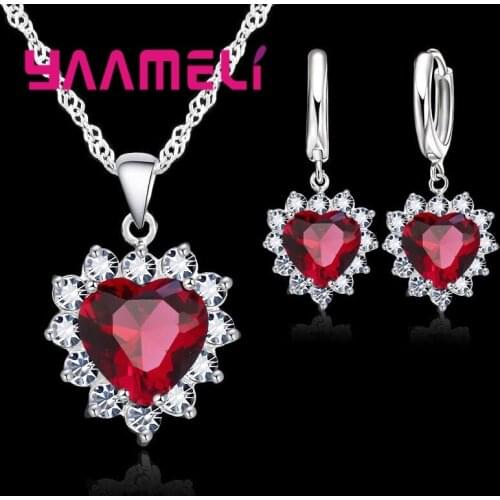 Trendy 925 Sterling Silver Jewelry Set for Women Heart CZ Stone Charm Pendants Necklaces Earrings LOVE Anniversary Gift