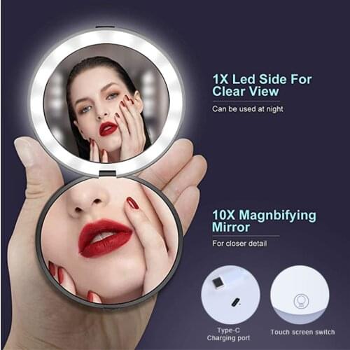Magnifying Lighted Makeup Mirror Light Mini Round Portable LED Make Up Mirror Sensing USB Chargeable Convenient Makeup Mirror
