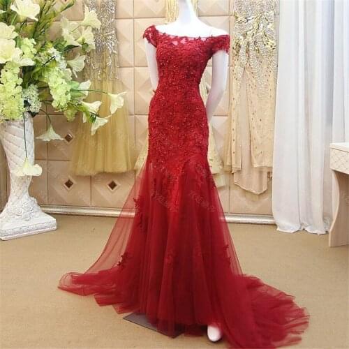 Customization Wine Colored Evening Dresses 2020 Appliques Lace Beaded Off the Shoulder Mermaid Prom Dress Vestido Longo