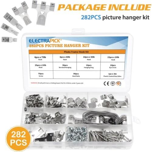 Electrapick 283pcs Picture Hook Hanger for Photo Frame Wooden Frame with Large and Varied Accessories Wire Rope Screws Nails