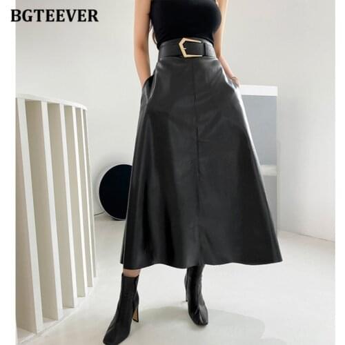 BGTEEVER Chic High Waist Sashes Belted Women PU Leather Skirts Autumn Winter Stylish Loose Midi Female Faux PU Skirts 2021