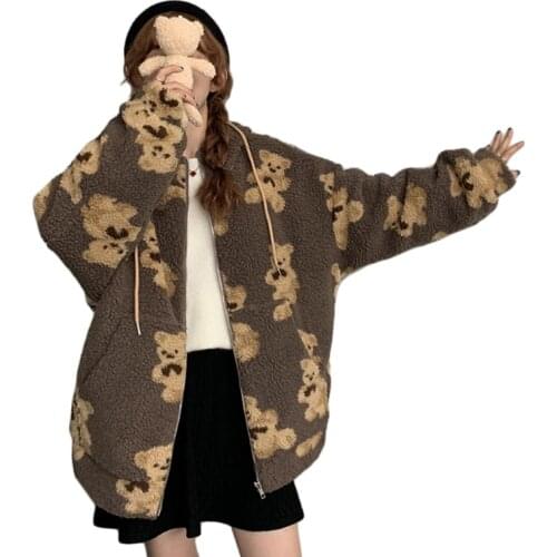 Women Fuzzy Plush Warm Hoodie Jacket Cartoon Bear Print Zip Up Oversized Coat F42F