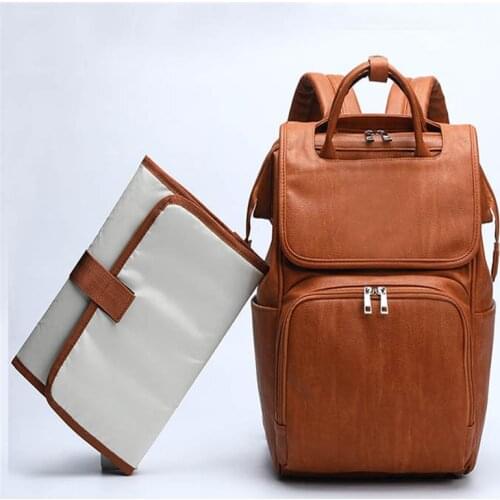 PU Leather baby diaper bag backpack for moms Large Capacity Nappy Bag with Changing pad + Stroller straps Brown and Black