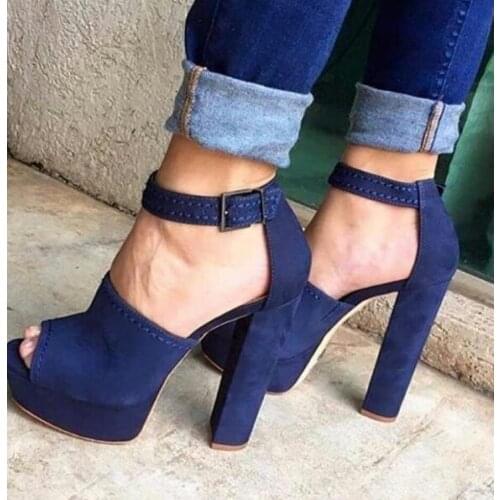 Moraima Snc Navy Chunky Heels Platform Pumps Peep Toe Ankle Strap Sandals Summer High Heel Party Dress Shoes Woman Sandal