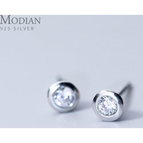 Modian Genuine 925 Sterling Silver Dazzling AAA Zircon Stud Earring for Wome Simple Round Ear Studs Fine Jewelry Accessories