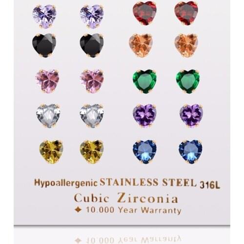 10 pairs 316L stainless steel gold tone multi colors women stud earring heart 6mm cubic zircon earrings jewelry Dropship