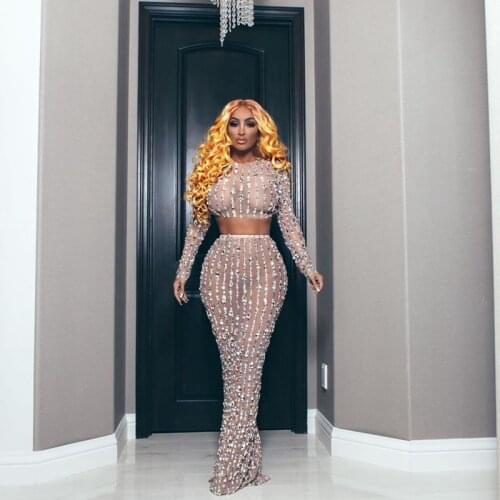 New Sparkly Rhinestones Pearls Two Pieces Set Crop Top and Long Skirt Women Birthday Celebrate Mesh See Through Prom Party Dress