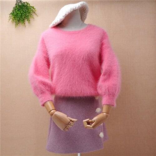 Ladies women fashion sweet pink hairy mink cashmere seven puff sleeves loose pullover angora rabbit fur winter jumper sweater