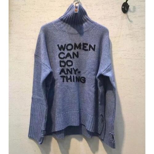 2021SS WOOL Cashmere Women Sweater High meck Front Black Letters Embroidered Long Sleeves Warm Pullovers