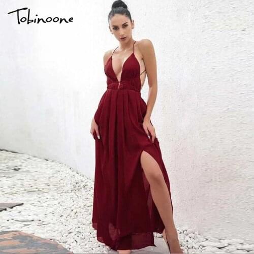 Tobinoone Cross Back Tie Split Sexy Maxi Dress Women Deep V Neck Backless Ruched Party Dresses Solid Sleeveless Evening Vestidos