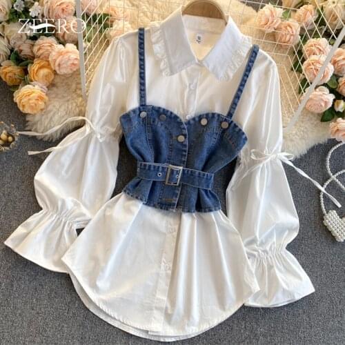 Spring Summer Clothing Women Casual Vintage Dresses Womens Female Ruffle Lapel Long Slevee Midi Shirt Dress + Denim Vest Suit