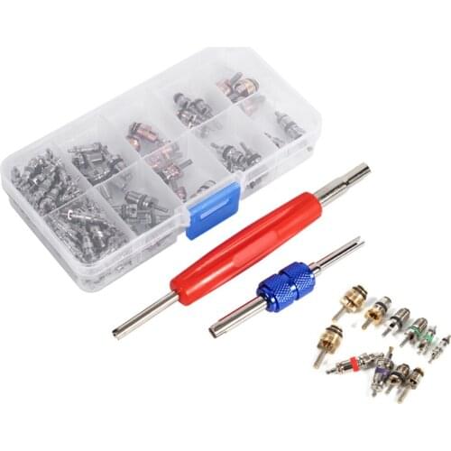 100PCS Valve Core +2pcs Valve Core Remover Tool Set Assortment A/C R134a/R12 Refrigeration Tire Valve Stem Cores Tool Kit