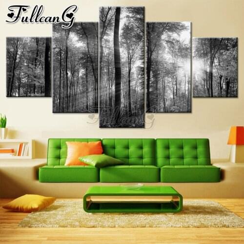 FULLCANG Sunset forest black and white landscape 5 piece diy diamond painting full square round mosaic embroidery sale FC2966