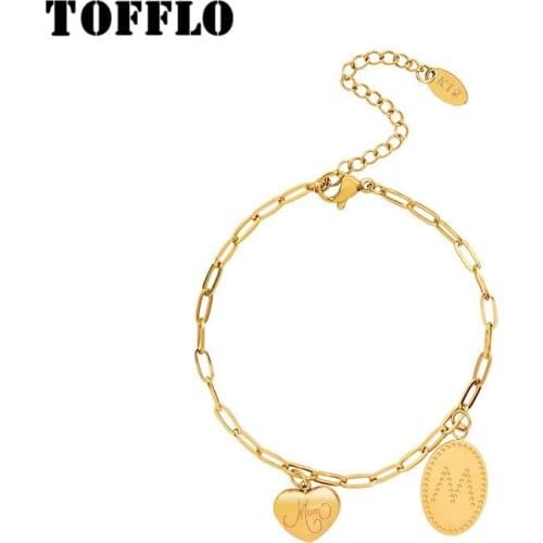 TOFFLO Stainless Steel Jewelry Round Brand Letter M Peach Heart Love Pendant Bracelet Womens Fashion Bracelet BSE198