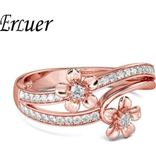 ERLUER Delicate Flower Rose Gold Color Rings For Women Girls Austrian Crystal Zircon Classic Jewelry Fashion Wedding Gifts Ring