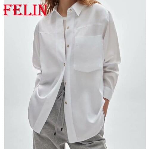 FELIN Women Spring White Solid Oversized Tshirt 2021 New High Quality Long Sleeve Shirt Muje Tops Casual Blouses