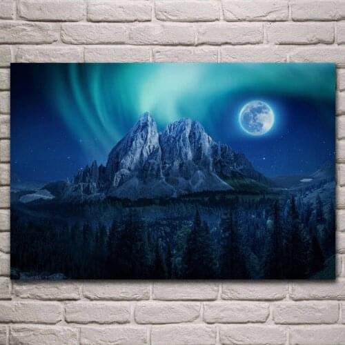 Northern Lights Aurora Mountain Forest moon Night artwork living room decor home art decoration wood frame fabric poster KL854