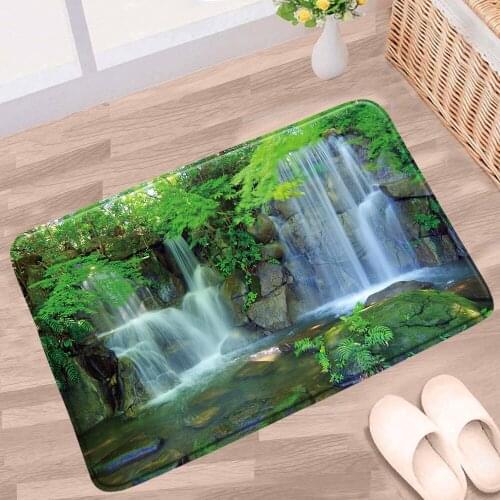Waterfall Bathroom Mat Green Plant Forest Rock Creek Tree Spring Nature Scenery Non-slip Rug Bath Kitchen Entrance Aisle Carpet
