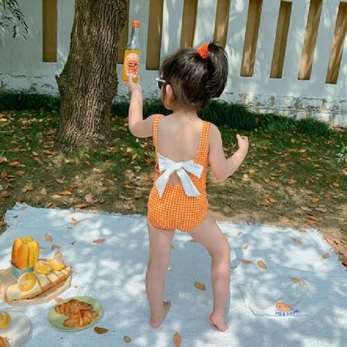 Toddler Baby Swimwear Cotton Little Kids Swimsuit Sling One-piece Baby Girls Fashion Plaid Infant Vacation Clothes Bow For Girls