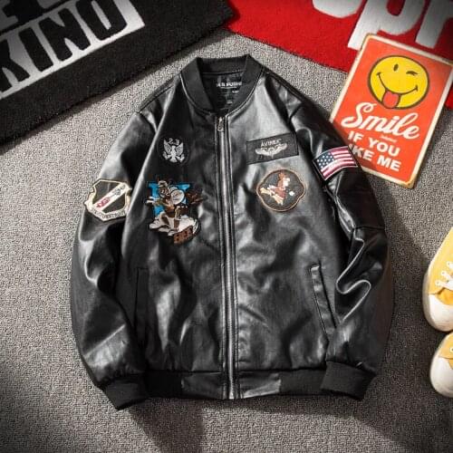 PU Leather Jackets Men Spring Autumn Fashion Streetwear Bomber Air Force Pilot Military Mens Faux Fur Coats