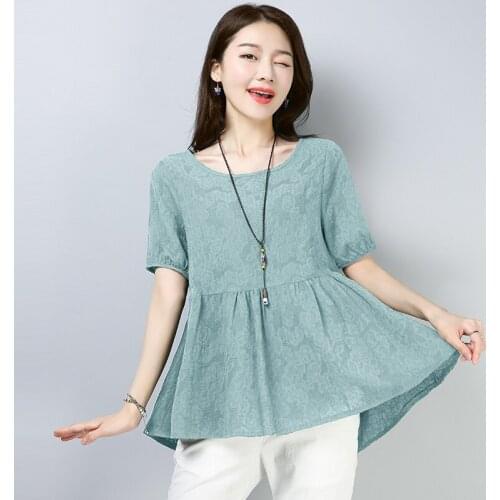 Summer Women Ladies Short Sleeve Green White Blue High Waisted Linen Top Blouse Shirt , Woman Loose Irregular 6xl Tops