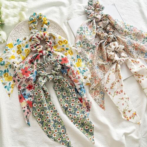Sweet Hair Tie Elastic Hair Band Knotted Bow Long Ribbon Chiffon Floral Print Hair Scrunchies Fashion Chiffon Ponytail Scarf hot