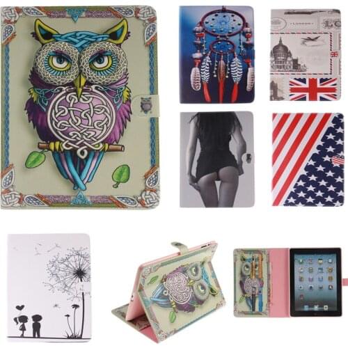 Fashion Tiger Owl Style Printed Stand Flip Pu Leather tablet case for iPad 2 3 4 With Card Slots for iPad 3 iPad 4 Fundas Coque
