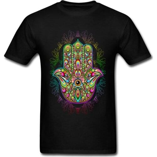 Hamsa Hand Amulet Psychedelic All Cotton Men Short Sleeve Tops & Tees Design NEW YEAR DAY T-Shirt Company Round Neck Tee-Shirts