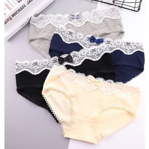 Solid Lace Bow Panties Womens Cotton Briefs Funny Stretching Underpants Plus Size Girl Lingerie lovely Female 9 Color Underwear