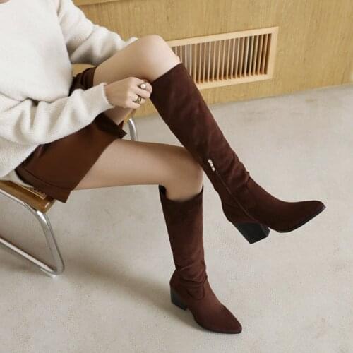 Flock Slope Heel Pointed Toe Simple Womens Winter Knee-Length Boots Metal Side Zip Short Plush Lining Foot Warm Long Boots