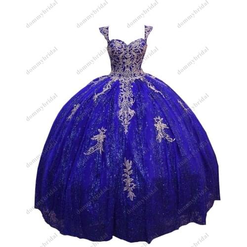 Lurxrious Gold Embroidered Royal Blue Glitter Sequined Tulle Quinceanera Formal Dresses for Women Girls with Straps Lace up Prom