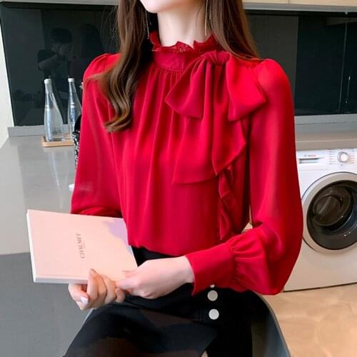 Wine Red Ruffles Chiffon Blouse Women Spring Palace Retro High Neck Long Sleeve Ladies Shirts Blusa Fashion Casual Female Tops