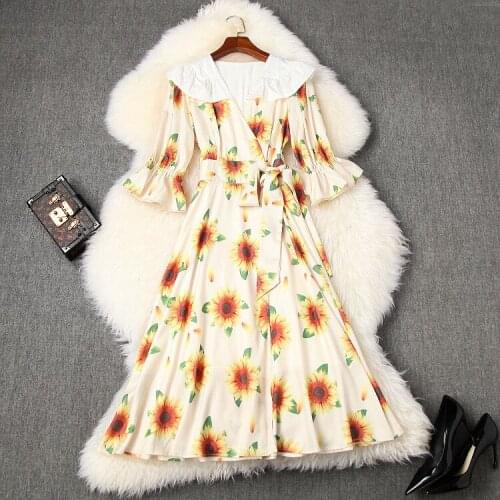 American European womens and clothing 2021 summer new style Seven-point sleeve doll neck Sunflower print Fashionable dress