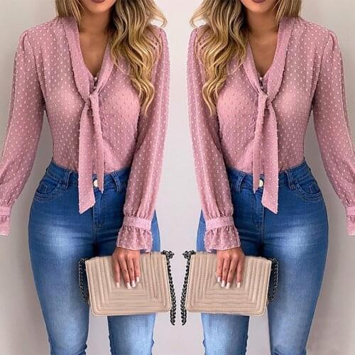 Women New Fashion Elegant Chiffon Blouses Long Sleeve V-Neck Shirt Office Blouse Slim Casual Female Polka Dot Top
