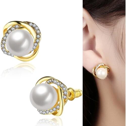 3 Colors Luxury Gold Color Flower Stud Earrings for women,fashion silver color earring with pearl Women Birthday Gift Bijouterie
