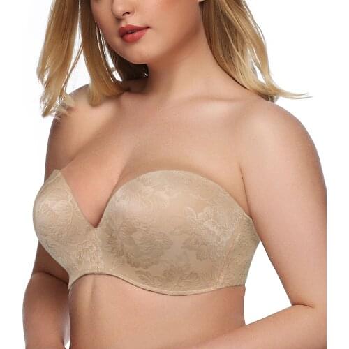 Strapless Bra Women Push Up Padded Seamless Bralette Plus Size Invisible Brassiere Wireless D F Cup Underwear BH Femme Jacquard