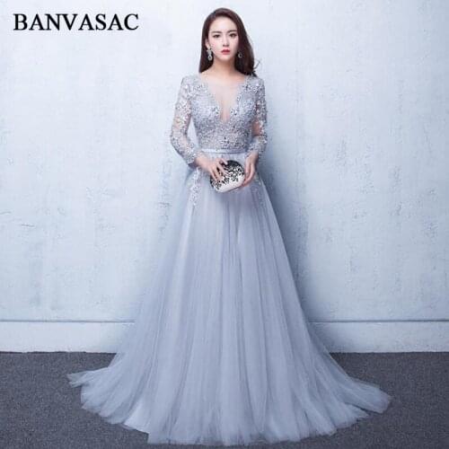 BANVASAC 2019 Illusion O Neck Lace Appliques A Line Long Evening Dresses Party 3/4 Sleeve Sash Backless Prom Gowns