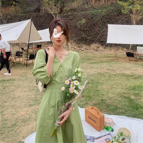 Dresses for Women 2021 Lantern Sleeve Matcha Green Dress Womens High Waist A- line over the Knee Vestido De Mujer Femme Robe