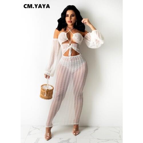 CM.YAYA Women Mesh See Though Halter Neck Lace Up Maxi Dress Off Shoulder Bodycon Long Sleeve Beach Night Party Long Dresses