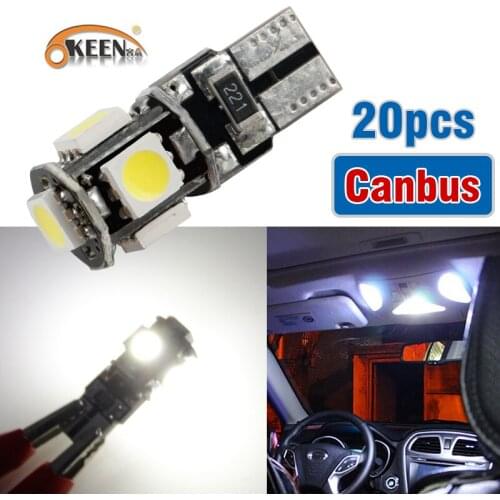 OKEEN 20X T10 5-SMD 5050 White LED Light Bulbs 2825 158 192 168 194 for Interior Reading Dome Map Cargo Trunk Door Panel Light