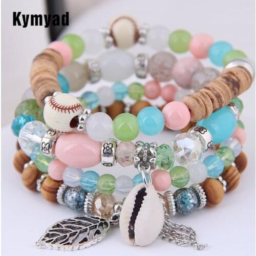 Kymyad Crystal Bead Bracelets for Women Boho Bracelet Femme Natural Stone Tassel Charm Bracelet Bijoux Multilayer Bracelets Sets