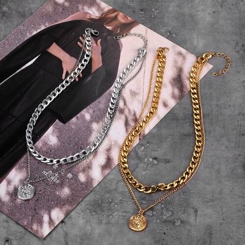 FNIO Vintage Multi-layer Coin Chain Choker Necklace For Women Gold Silver Color Fashion Portrait Chunky Chain Necklaces Jewelry