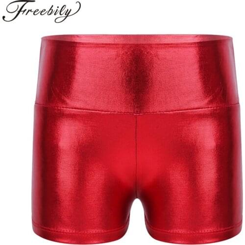 Kids Girls Shiny Metallic High Waist Dance Shorts Bottoms Activewear Child Clothes for Yoga Sports Workout Gym Gymnastic Dancing