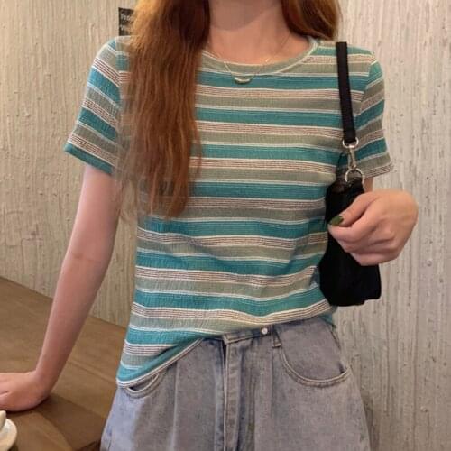 T Shirts Women Summer 2021 Vintage Patchwork Striped T Shirt Soft Knit Simple Top Slim Thin Casual Short Sleeve O Neck Tee Shirt