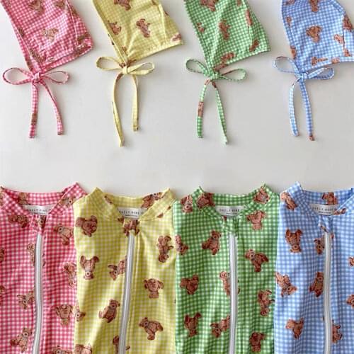 7973 Baby Girl Swimwear Children Swimsuit With Hat Summer New 2021 Long Sleeve Bodysuit Baby Swimsuit Boy 1-7T Kids Swimsuit